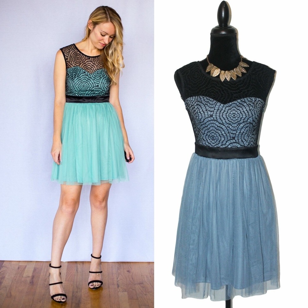 ModCloth Starlet's Web Turquoise Tulle Black Lace Fit-and-Flare Dress - Picture 11 of 16